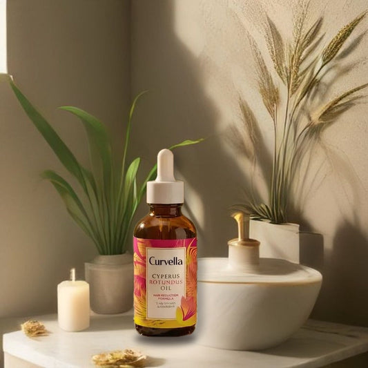 Layali Follicle Calm Oil on a bathroom shelf