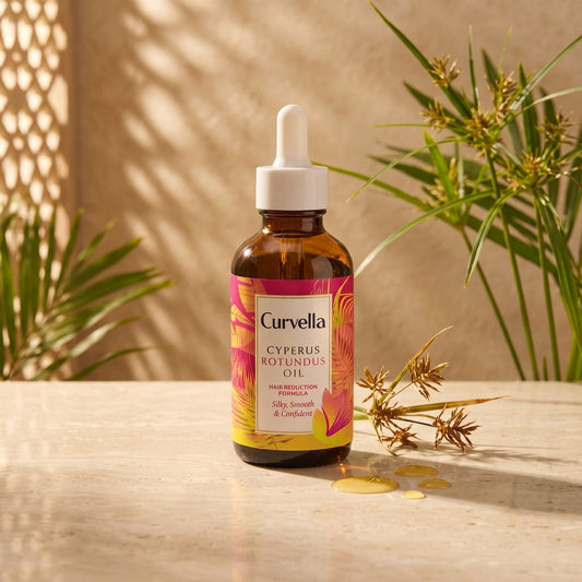 Layali Follicle Calm Oil bottle on marble with cyperus rotundus